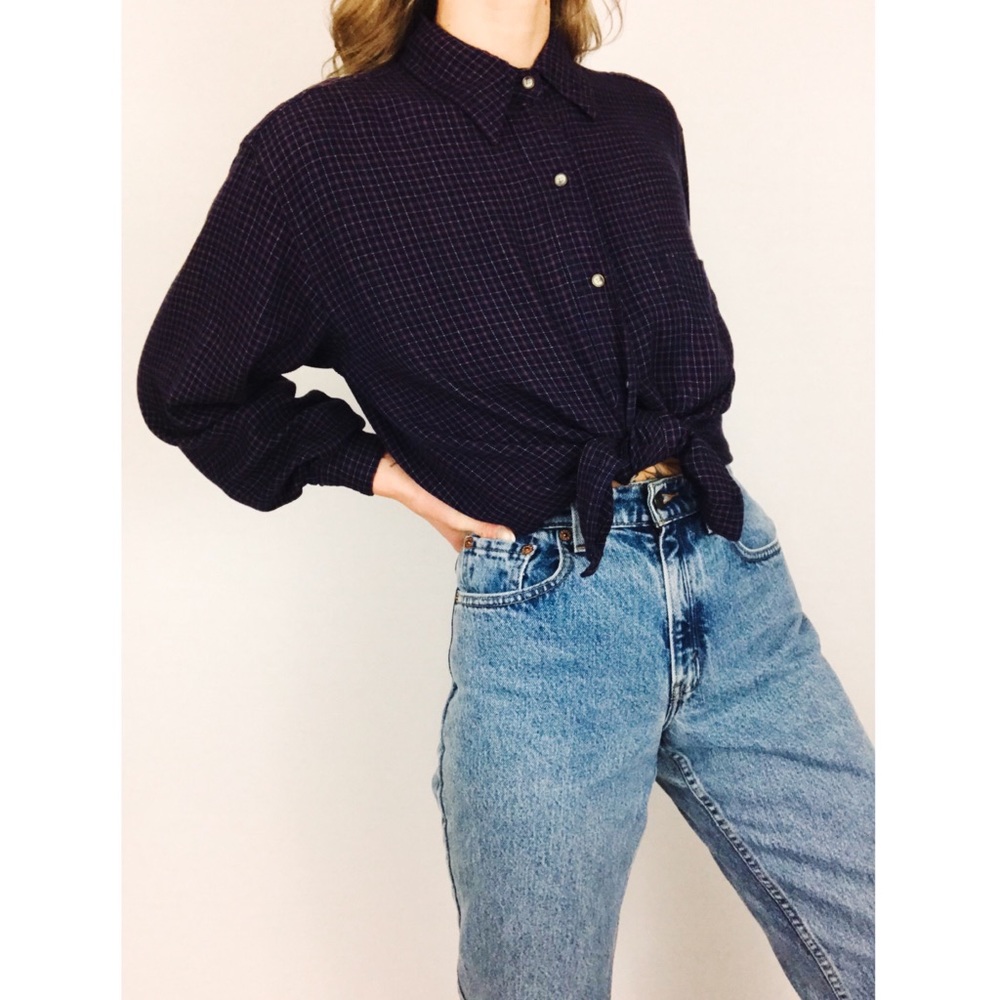 Vintage Lee Plaid Button-Down Top in Navy | Size S